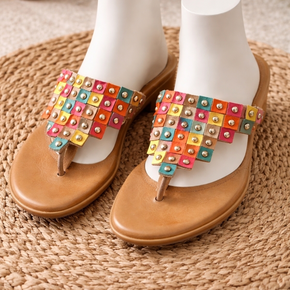 Söfft leather sandals, size 9M. Super cute statement pair with colorful studded